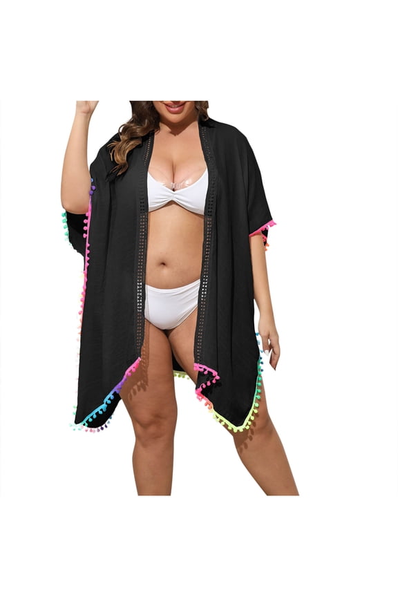 Clean Bohemian Tassels Swim Tops for Women Cover Up Crochet Hollow Knitted Kimono Cardigan Loose Open Front Beach Coverups