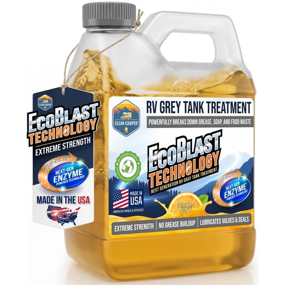 Clean Camper RV Grey Tank Treatment Extreme Strength Ecoblast Enzyme Formula for Sink & Shower Odor Control, Breaks Down Grease, Soap & Food Buildup, Fresh Citrus Scent, 32 oz