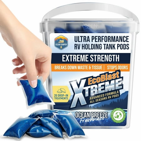 Clean Camper RV Holding Tank Treatment Drop-In Pods Makes Your Black Tank Smell Delightful | Extreme Strength | Destroys All Odors And Waste | Keeps Sensors Clean | American Owned