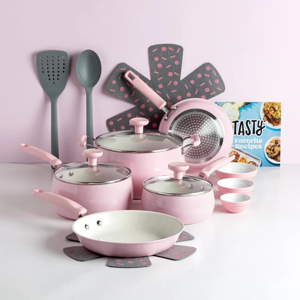 Clean Ceramic 16 Piece NonStick Aluminum Cookware Set, Pink Pots and