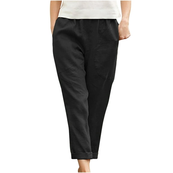 Clean Cotton Linen Pants For Women,Elastic High Waist Trouser Baggy Stretchy Wide Leg Sweatpants Cuffed Hem Work Trousers Dressy Flowy Palazzo Pants Workout Beach Trousers