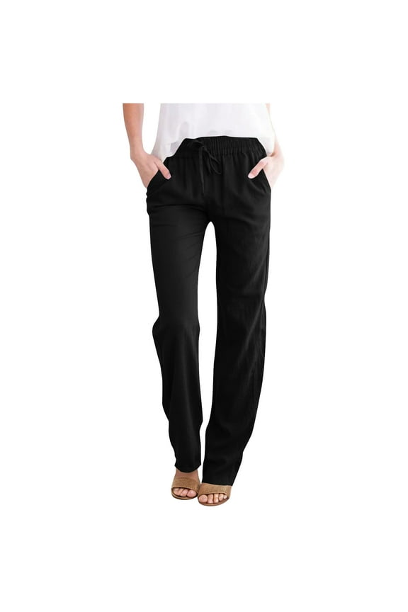 Clean Cotton Linen Pants for Women Plain High Waisted Trousers Adjustable Drawstring Elastic Waist Pants Casual Loose Dressy Work Trouser with Pockets
