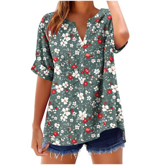 Clean Daisy Printed Tunic Tops for Women Cotton Linen Boho Lounge Wear Henley Neck Tee Front Button Short Sleeve Top Dressy Shirts Trends Lightweight Beach Holiday Clothes