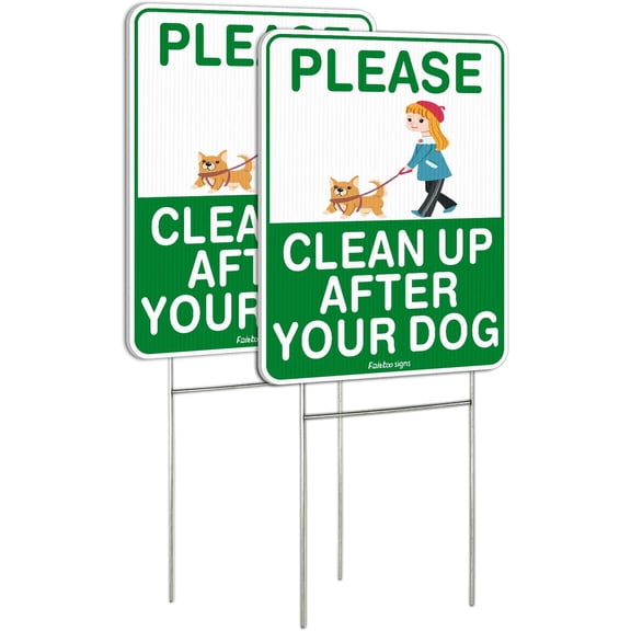 Clean Up After Your Dog Sign, (2 Pack) 12 x 9 Clean Up After Your Pets Sign, Double Sided with Metal Wire H-Stakes Stands Corrugated Plastic, Waterproof, Weather Resistant, Easy to Mount