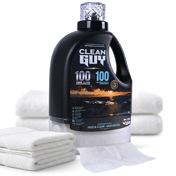Clean Guy Laundry Detergent with Dryer Sheets , Unscented & Gentle, Sensitive Skin Safe, Deep Cleaning Power, Softens Clothes Without Fragrance - Free & Clear (100 Loads PLUS 100 Dryer Sheets)