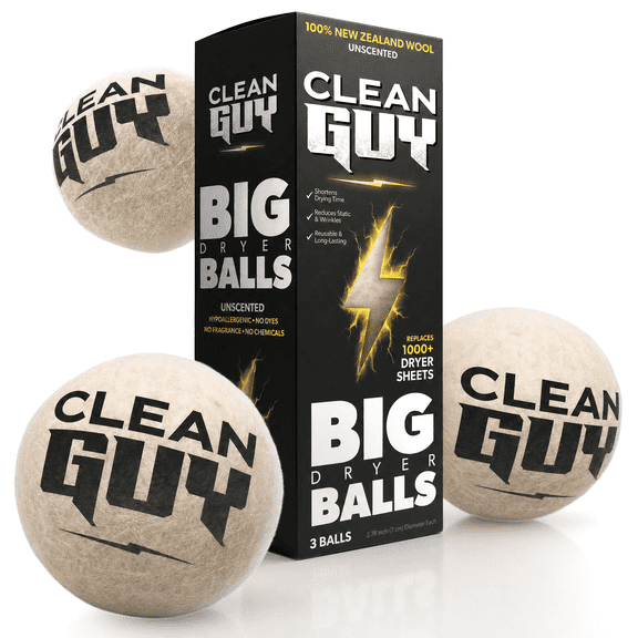 Clean Guy Wool Dryer Balls XL 3-Pack – Reusable Fabric Softener Alternative for Laundry, Helps Reduce Static and Wrinkles