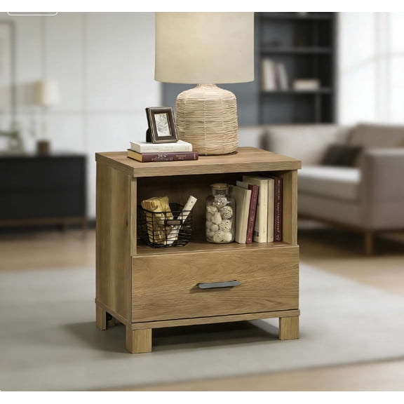 Clean-Line Bedside Table | Modern Night Stand in Warm Oak Finish, Minimalist Bedroom Side Table with Integrated Drawer & Floating Shelf