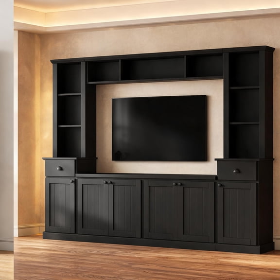 Clean-Lined Entertainment Wall Unit Set for Living Room, Classic Black, Fits TVs Up to 75 Inches, Adjustable Bridge