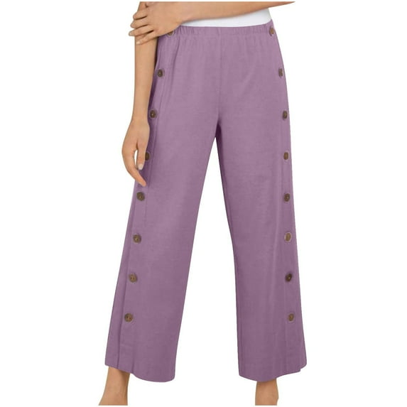 Clean Linen High Waisted Trousers for Women Straight Wide Leg Elastic Waist Sweatpants Side Button Lounge Pants Dressy Flowy Beach Trouser Beach Travel Vacation Outfits