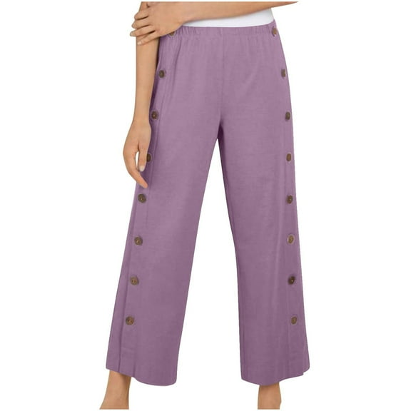 Clean Linen High Waisted Trousers for Women Straight Wide Leg Elastic Waist Sweatpants Side Button Lounge Pants Dressy Flowy Beach Trouser Beach Travel Vacation Outfits