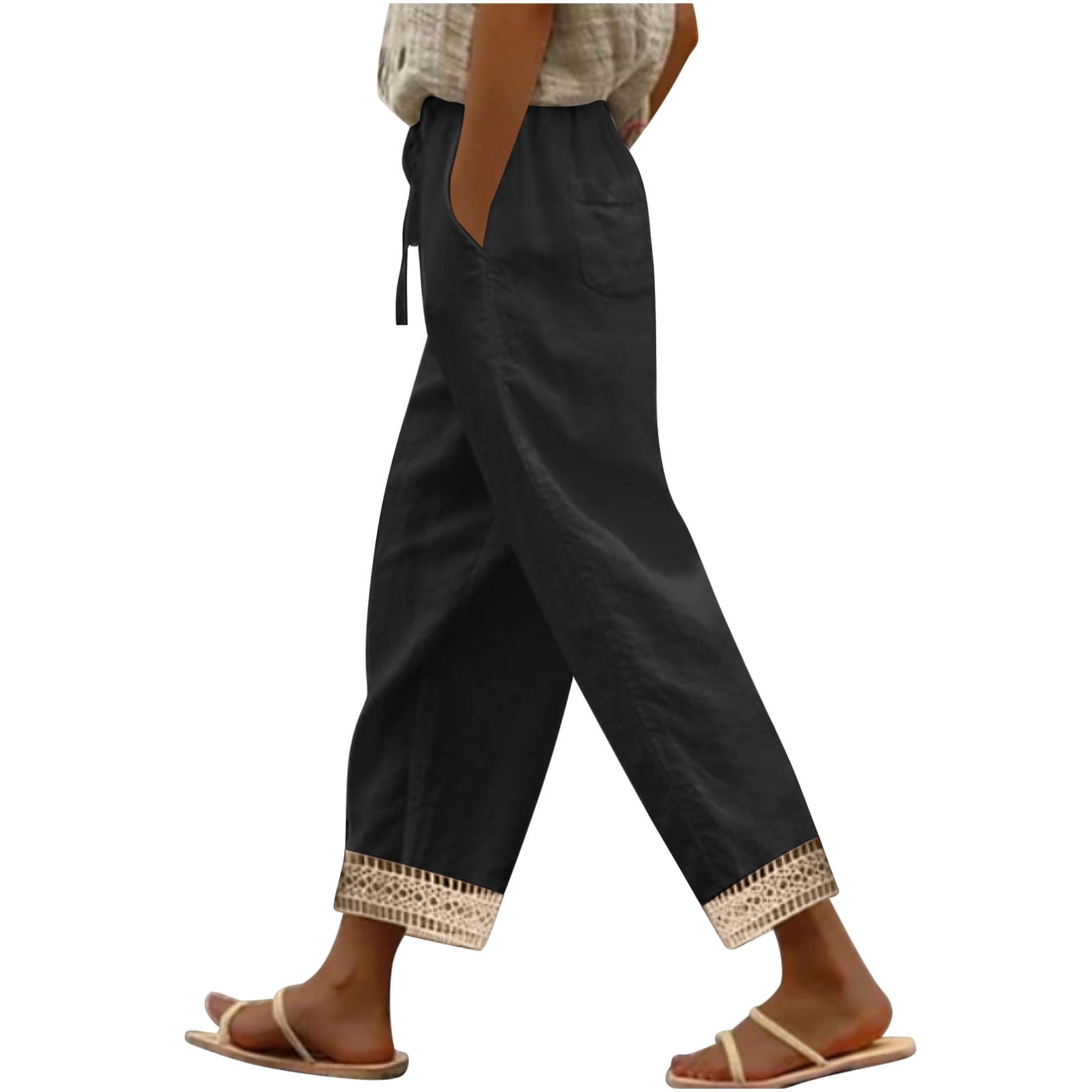 Wide Put Clean Linen Pants for Women Vintage Printed Lace Y2K Streetwear Put On ...