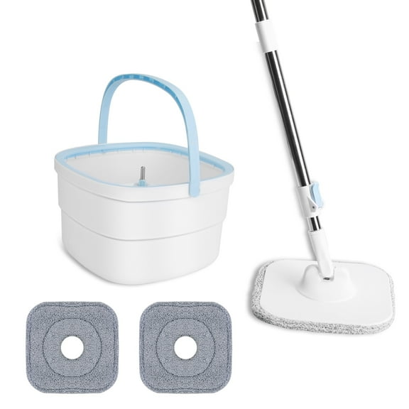 Clean Mop and Bucket System with 52" Extended Stainless Steel Handle Includes Square Spin Dual Compartment Mop Bucket and 2 Replacement Microfiber Mop Head