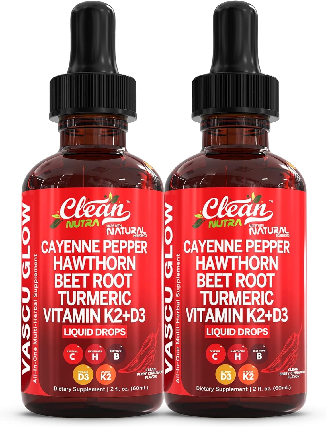 Clean Nutra Cayenne Pepper Drops Supplement Liquid + Hawthorn Berry, Vitamin D3 K2 Beet Root Powder, Ceylon Cinnamon, Turmeric Curcumin, Organic Panax Ginseng, Berberine Extract 1  2 Pack
