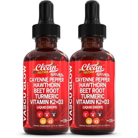 Clean Nutra Cayenne Pepper Drops Supplement Liquid + Hawthorn Berry, Vitamin D3 K2 Beet Root Powder, Ceylon Cinnamon, Turmeric Curcumin, Organic Panax Ginseng, Berberine Extract 1 2 Pack