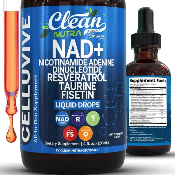 Clean Nutra NAD+ Liquid Drops, Nicotinamide Adenine Dinucleotide with Resveratrol and Taurine, 4 fl oz, Tart Cleanberry Flavor, Cellular Support Supplement