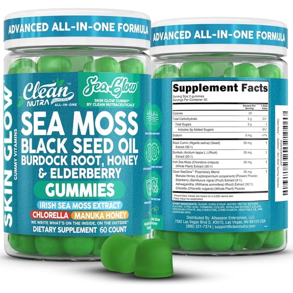 Clean Nutra Sea Moss Gummies Black Seed Oil Chlorella Ashwagandha Root Hair Growth Skin Glow Irish Sea Moss Elderberry Burdock Manuka Honey Trace Minerals Detox 60 Gummy Vitamins Sea Glow Supplement