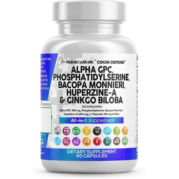 Clean Nutraceuticals Alpha GPC Choline Phosphatidylserine Bacopa Monnieri Ginkgo Biloba Huperzine A Supplement with Urdine Lions Mane Cats Claw NAC Vitamin C B D E