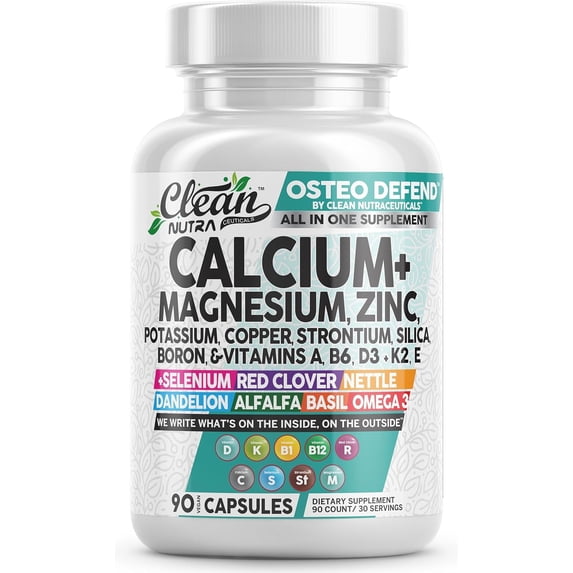 Allin1 Calcium Magnesium Zinc Supplement with Potassium, Copper, Strontium, Silica, Vitamin D3 K2, Boron, Vitamin B1 B12 Red Clover Herb Alfalfa Basil Pills for Men & Women Clean Nutra Osteo Defend