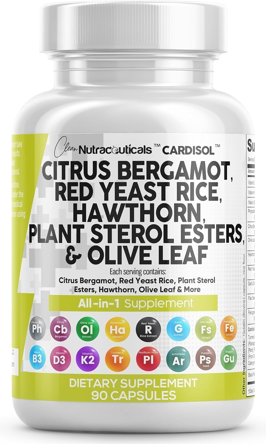 Clean Nutraceuticals Citrus Bergamot Red Yeast Rice Capsules with Plant Sterols - with Hawthorn Extract Olive Leaf Niacin Vitamin K3 D3 COQ10 Guggul & More