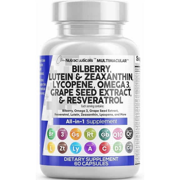 Clean Nutra Eye Vitamins with Bilberry Lutein and Zeaxanthin Supplements Lycopene 40mg Resveratrol Grape Seed Astaxanthin for Eyes - Eye Care Health Support Eye Vitamin and Mineral Supplement