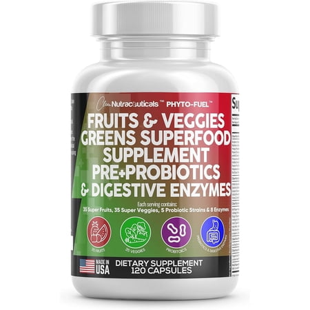 Clean Nutraceuticals Fruits and Veggies Supplement Reds & Green Superfood - Balance of Over 70 Fruit & Vegetable Supplements Capsules with Probiotics Prebiotics Digestive Enzymes - 120 Ct USA