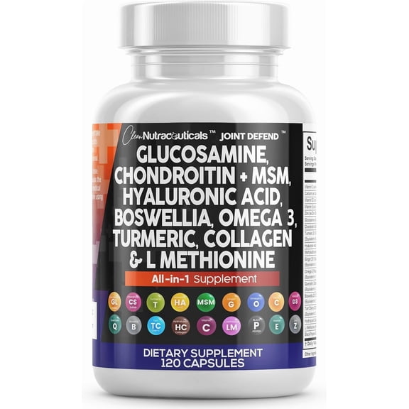 Clean Nutraceuticals Glucosamine Chondroitin MSM 1500mg with Turmeric Curcumin, Collagen, Hyaluronic Acid, Omega 3  Joint Health Supplement for Men & Women  Joint Complex  120 Count