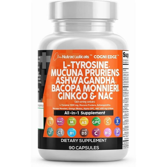 Clean Nutraceuticals L Tyrosine Mucuna Pruriens Bacopa Monnieri Ashwagandha Focus Supplement w/N-Acetyl Cysteine NAC 5-HTP Ginkgo Biloba Alpha GPC Vitamin C D B1 B12