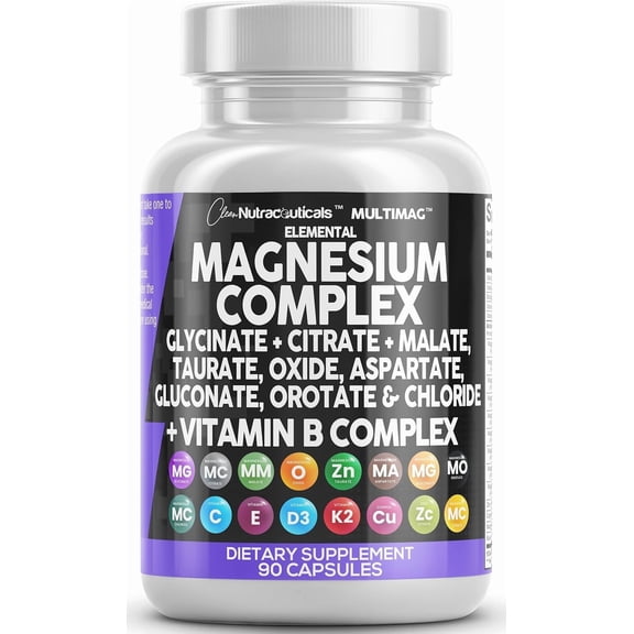 Clean Nutraceuticals Magnesium Complex with Magnesium Glycinate Citrate Malate Oxide Taurate Aspartate Orotate & Mag Chloride, Zinc Copper Manganese & Vitamin C B1 B2 B6 B12 Complex - 1Pack