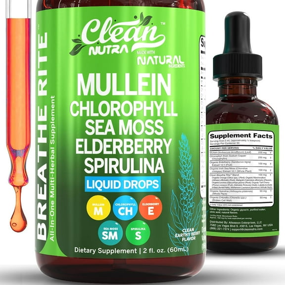 Clean Nutraceuticals Organic Mullein Liquid Drops With Chlorophyll for Lung Detox Plus Irish Sea Moss, Spirulina, Licorice, Tart Cherry Lobelia, Motherwort & Elderberry For Men Women Health Supplemen