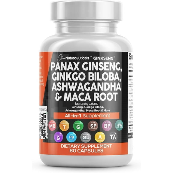Clean Nutraceuticals Panax Ginseng Ginkgo Biloba Ashwagandha Maca Root - Focus Supplement Pills for Women and Men with Pine Bark Extract, Garlic, and Saw Palmetto - 60 Caps