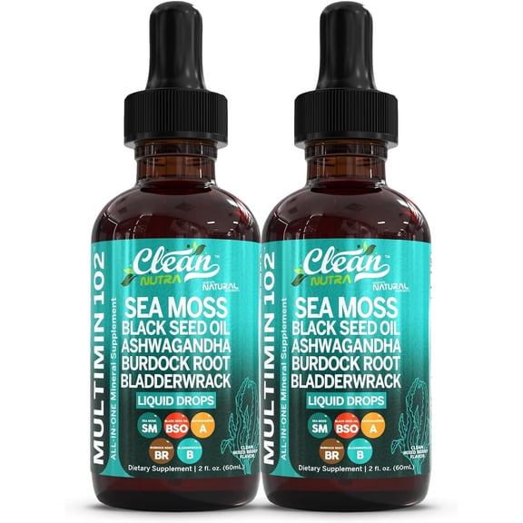 Clean Nutraceuticals Sea Moss Drops Supplement Liquid with Black Seed Oil Ashwagandha Burdock Root & Bladderwrack - Multimineral Organic Non-GMO Vegan for Gut Heath Skin Immune Support Hair (2)