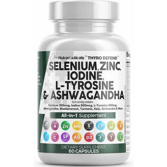 Clean Nutra Selenium 300mcg Iodine 500mcg Thyroid Support for Women & Men | L Tyrosine 500mg Ashwagandha Supplement Bladderwrack, Turmeric, Kelp, Schisandra Zinc Pills Capsule Supplements