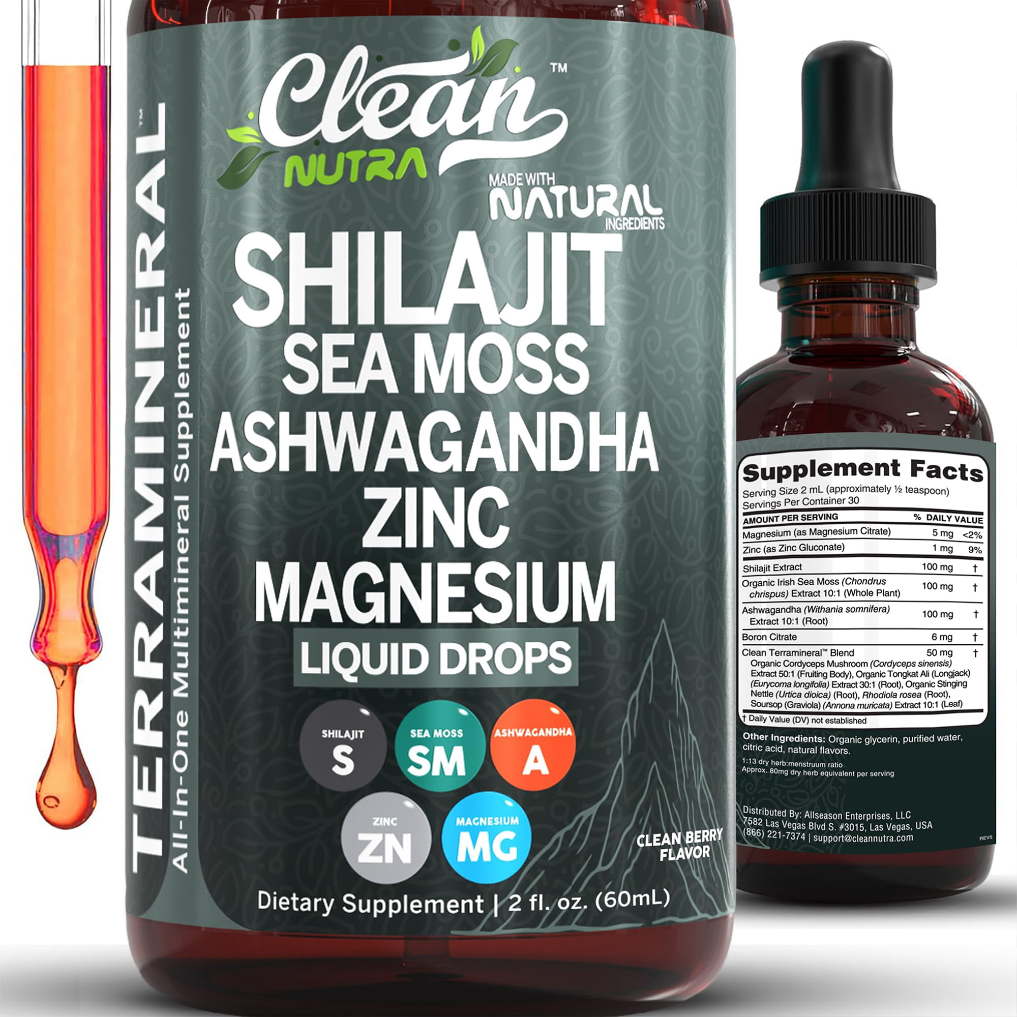 Clean Nutra Terra Mineral Shilajit Liquid Drops with Sea Moss, Ashwagandha, Zinc and Magnesium - Liquid Vitamins for Women and Men