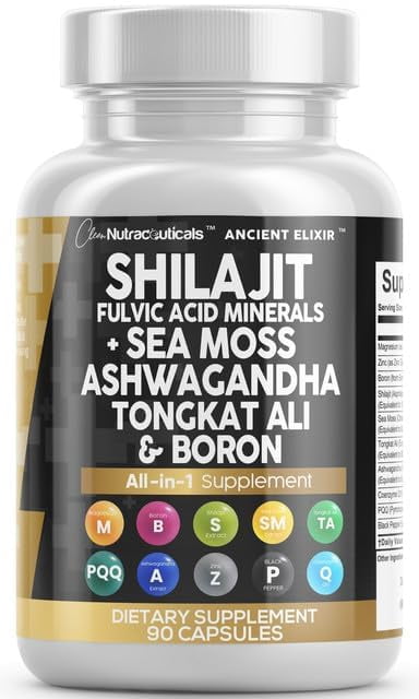 Clean Nutraceuticals Shilajit Supplement for Men with Sea Moss, Tongkat Ali, Ashwagandha, Boron, Zinc, CoQ10, PQQ - Fulvic Acid Capsules - Energy Support - 90 Count - Resin, Gummy & Powder Alternativ