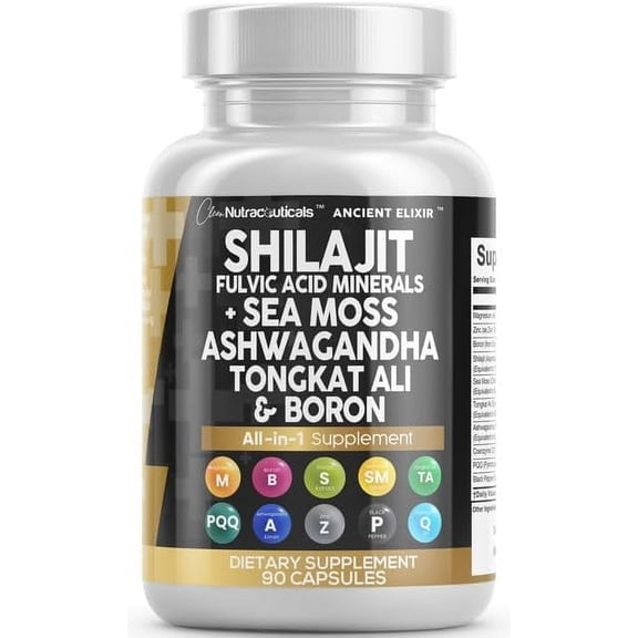 Clean Nutraceuticals Shilajit Supplement for Men with Sea Moss, Tongkat Ali, Ashwagandha, Boron, Zinc, CoQ10, PQQ - Fulvic Acid Capsules - Energy Support - 90 Count - Resin, Gummy & Powder Alternativ