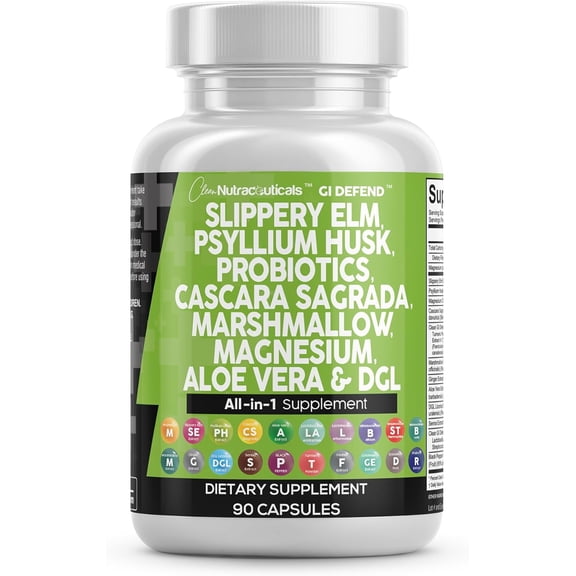 Clean Nutraceuticals Slippery Elm Psyllium Husk Pre Probiotic Digestive Gut Health Supplement with Aloe Vera Cascara Sagrada Marshmallow Root DGL Licorice Senna Extract