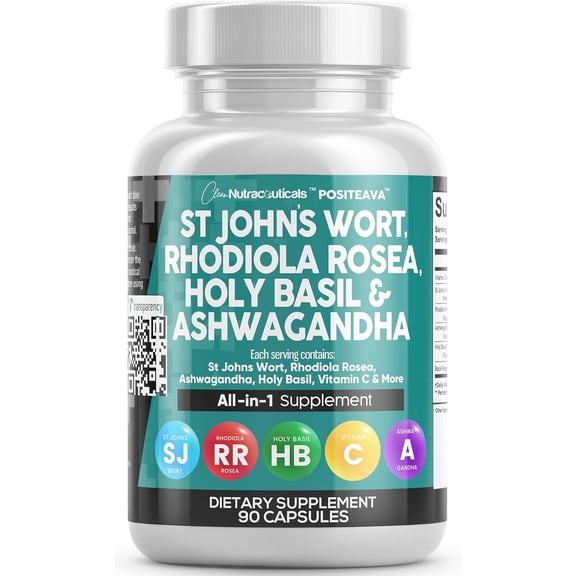 Clean Nutraceuticals St Johns Wort Rhodiola Rosea Holy Basil Ashwagandha - Mood Support for Women and Men with Vitamin C & Black Pepper Extract - 90 Caps
