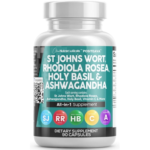 Clean Nutraceuticals St Johns Wort Rhodiola Rosea Holy Basil Ashwagandha - Mood Support for Women and Men with Vitamin C & Black Pepper Extract - 90 Caps