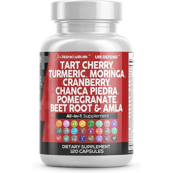 Clean Nutraceuticals Tart Cherry Extract Capsules with Turmeric Moringa Cranberry Chanca Piedra Celery Quercetin ACV Pomegranate L Selenomethionine - Uric Levels - 120 Ct