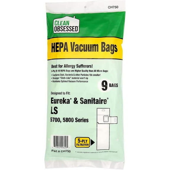 Clean Obsessed H-10 HEPA Bags Fits Eureka & Sanitaire LS 5700, 5800 series - 9 Cloth-Like HEPA Bags Per Package