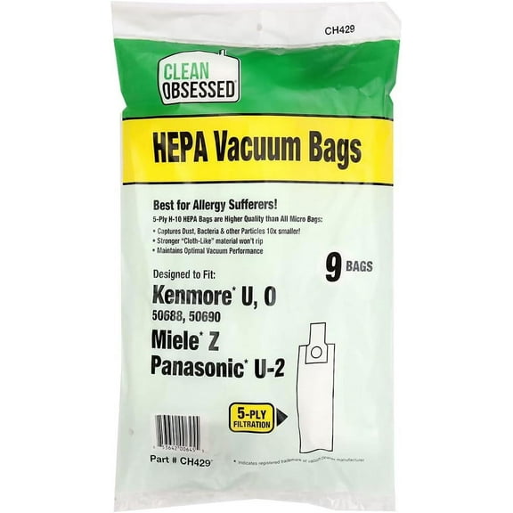 Clean Obsessed H-10 HEPA Bags Fits Kenmore U, O 50688, 50690, Miele Z & Panasonic U-2. - 9 Cloth HEPA Bags per package