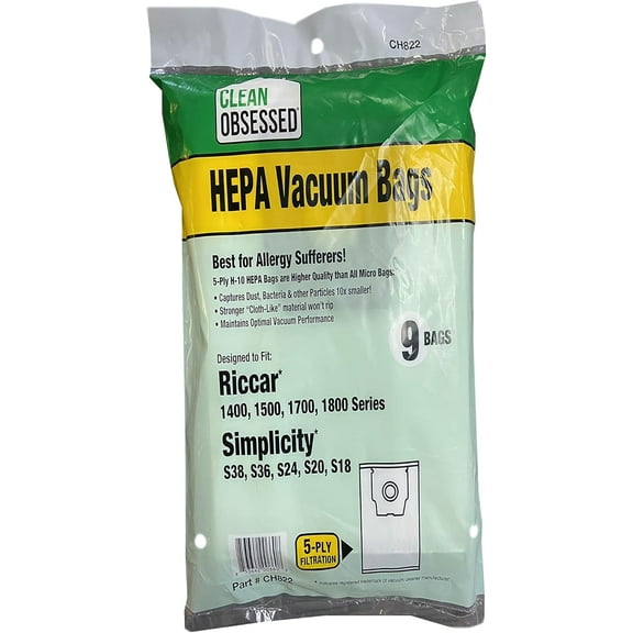 Clean Obsessed H-10 HEPA Bags Fits Riccar 1400, 1500, 1700,and 1800 Series Also Fits Simplicity S38, S36, S24, S20, & S18 Models - 9 Bags Per Package