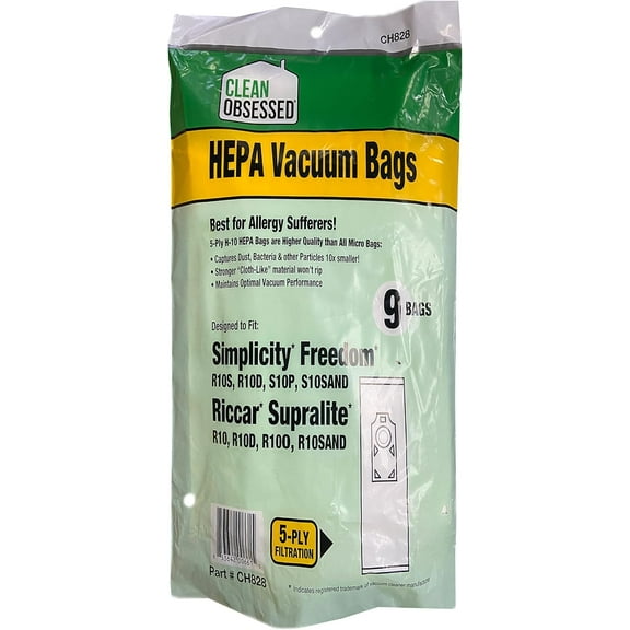 Clean Obsessed H-10 HEPA Bags Fits Simplicity Freedom R10S, R10D, S10P, S10SAND & Riccar Supralite R10, R10D, R100, R10SAND (9 Bags Per Pack)