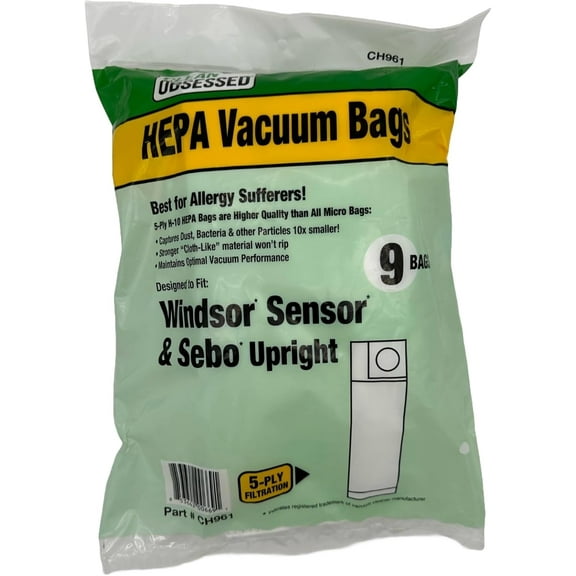 Clean Obsessed Replacement Vacuum HEPA Bags for Windsor Sensor & Sebo Upright Vacuum Cleaners, Includes 9 HEPA Bags