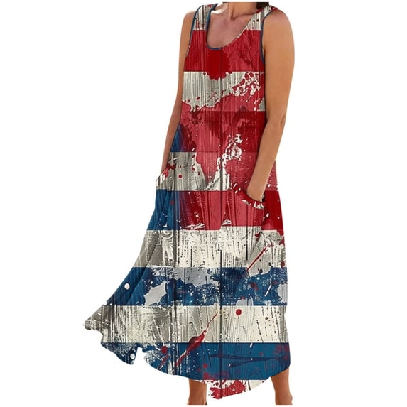 Clean Patriotic Summer Sundress for Women Usa Flag Star Stripe Dresses Round Neck Midi Tank Sundress Light Breathable Beach Dress Elastic High Waist Sun-Dress Beach Party Dress Clothes