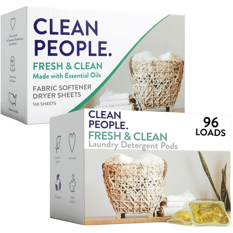 Clean People Laundry Detergent Pods & Fabric Softener Sheets - Plant-Based,  Eco Friendly Laundry Detergent 96ct & Dryer Sheets 160ct (Fresh Scent)