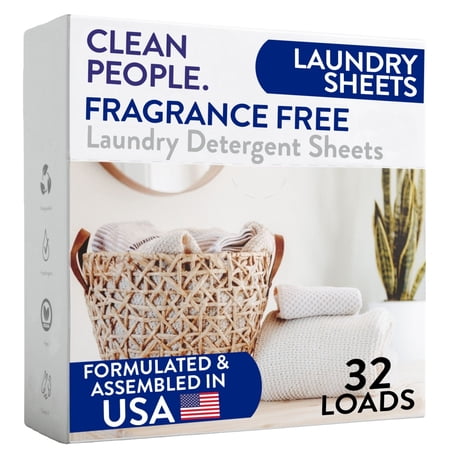 Clean People Laundry Detergent Sheets - Clean Ingredients, No Plastic Jug - Fragrance Free, 32 Pack