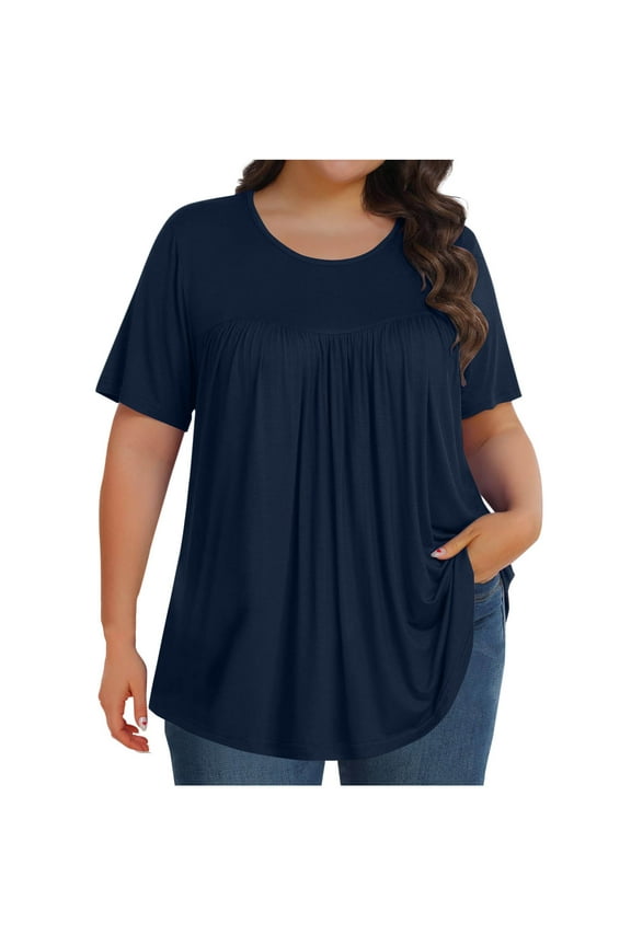 Clean Plus Size Summer Tops for Women Babydoll Short Sleeve Shirts Pleated Crew Neck Tunic Blouses Solid Basic Tees Shirt Loose Relaxed Fit T-Shirt Vacation Beach Party Going Out Costume