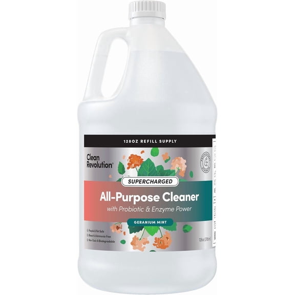 Clean Revolution Super Charged Multi-Purpose Cleaner Refill, contains smart probiotics + enzyme complex, multi-surface kitchen, bathroom, and floor cleaner, geranium mint scent, 128 liquid ounces