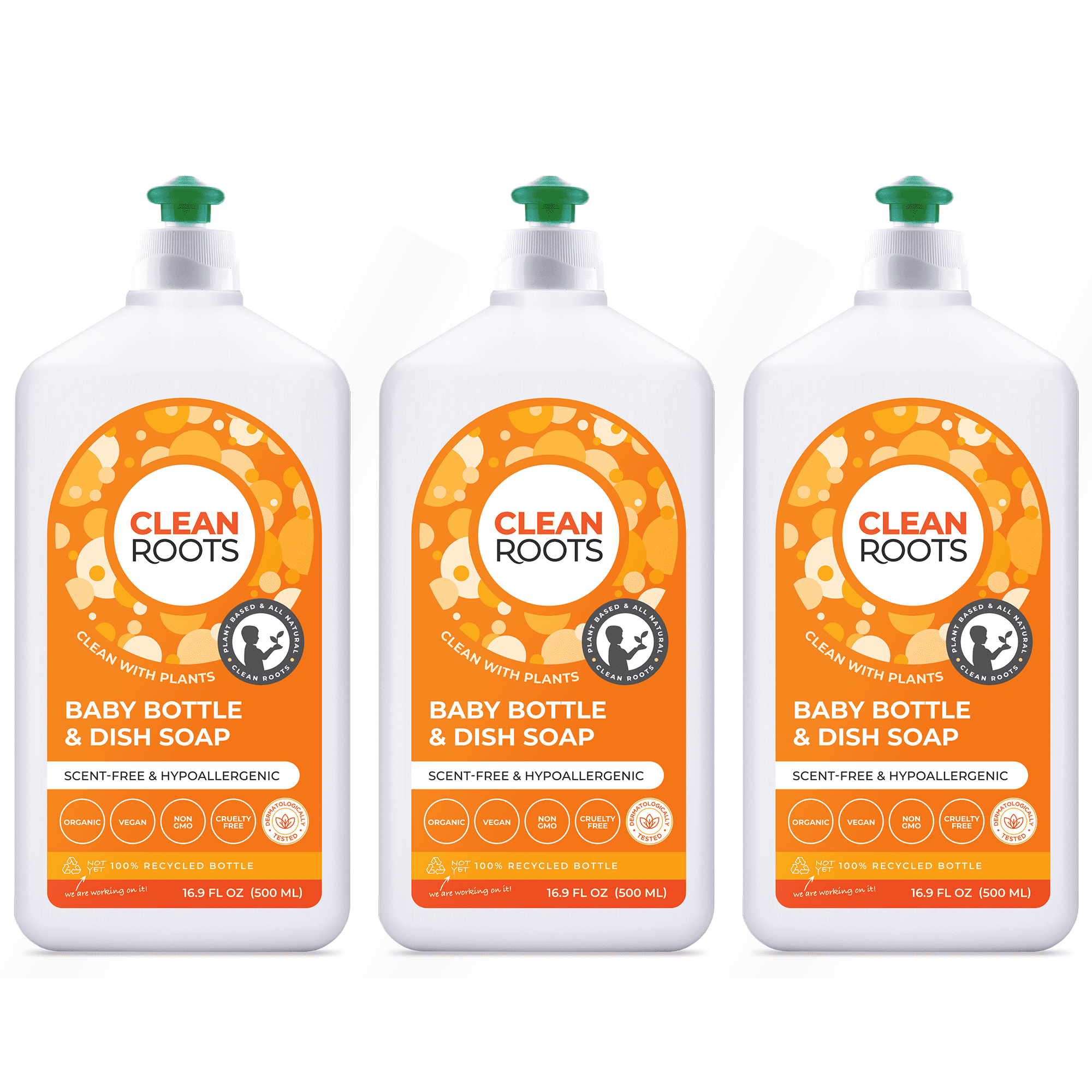 Clean Roots Baby Bottle & Dish Soap, EcoGarantie Certified 100% Organic & Natural, Scent-Free & Hypoallergenic, Dermatologically Tested & Approved - Pack of Three 16.9 fl oz (500 mL) Bottles
